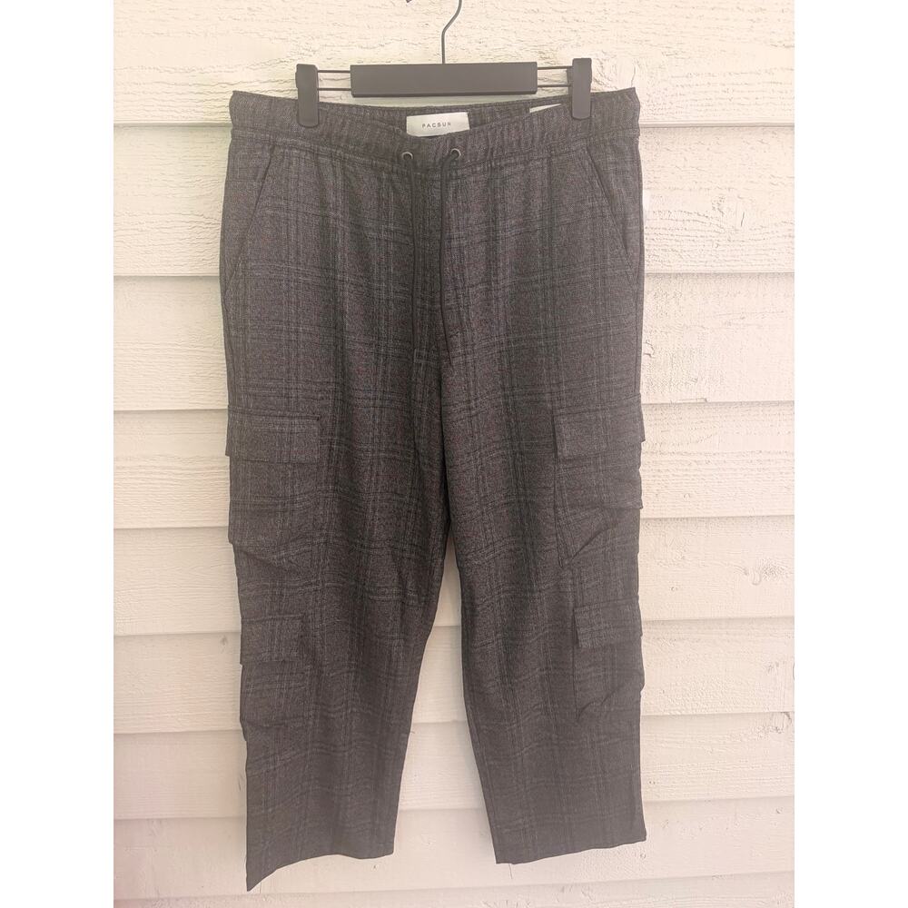 PacSun Plaid Cargo Pants Medium Gray Straight Leg Utility Drawstring - Picture 2 of 6